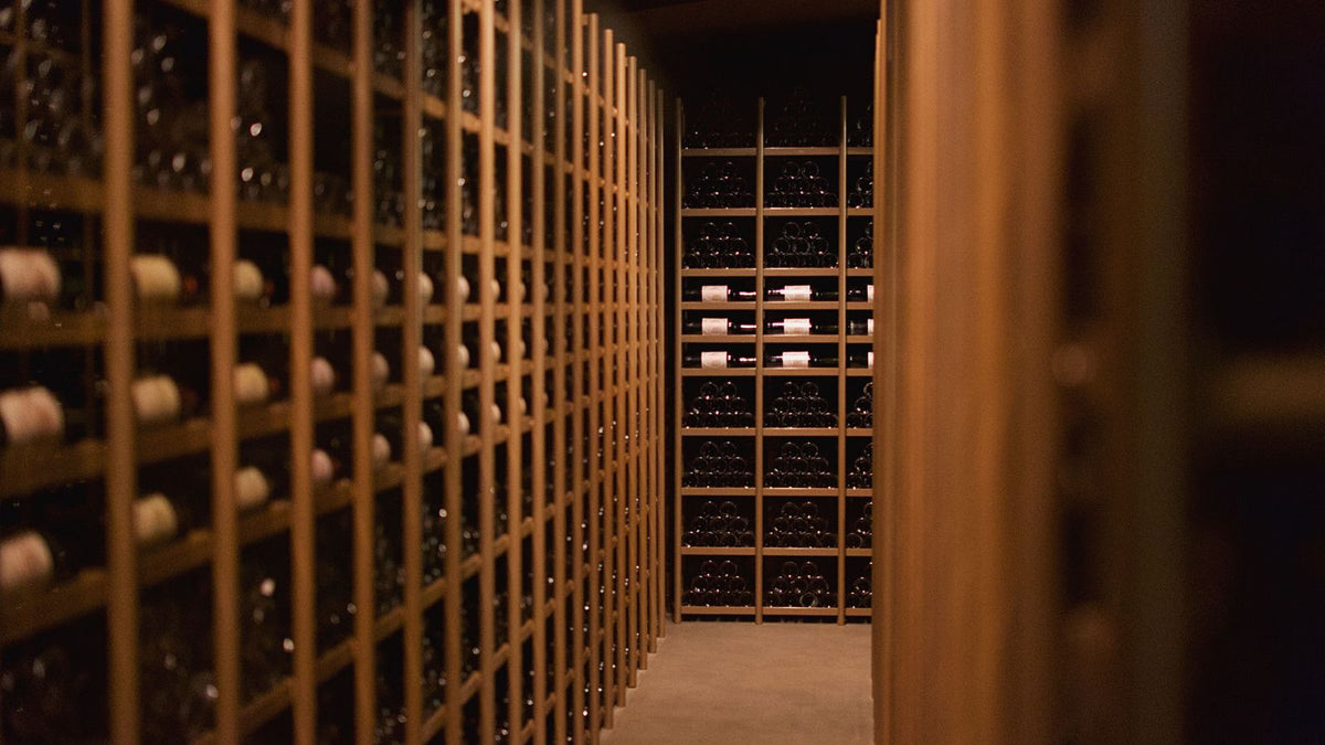 Cave à vin élégante aux longues rangées de bouteilles sous une lumière douce