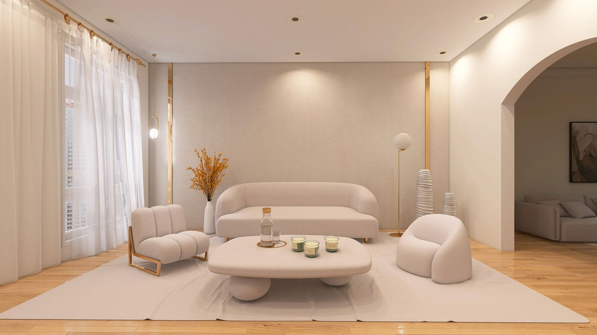 Salon aux meubles beiges et lumière douce, idéal pour une applique murale