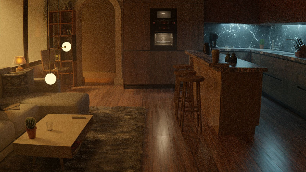 Salon et cuisine chaleureux éclairés par plusieurs sources de lumière