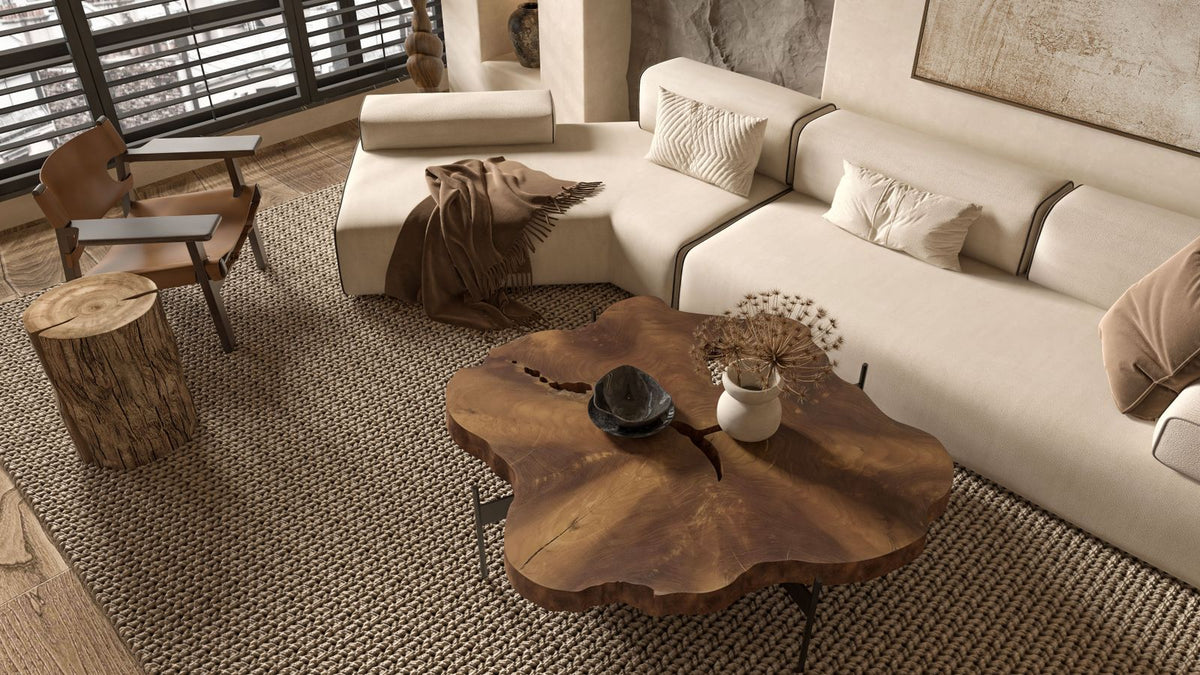 Salon moderne à la table basse en bois, matières naturelles sous la lumière