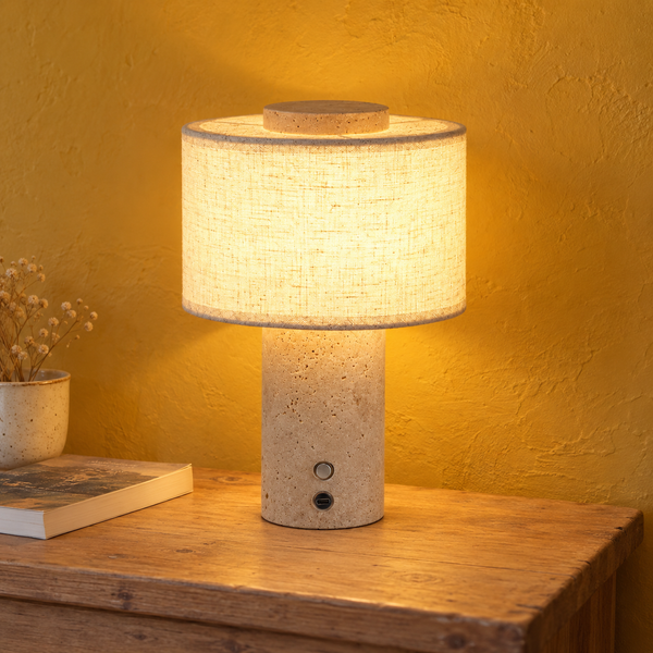 Lampe de chevet sans fil en travertin et lin, rechargeable USB-C