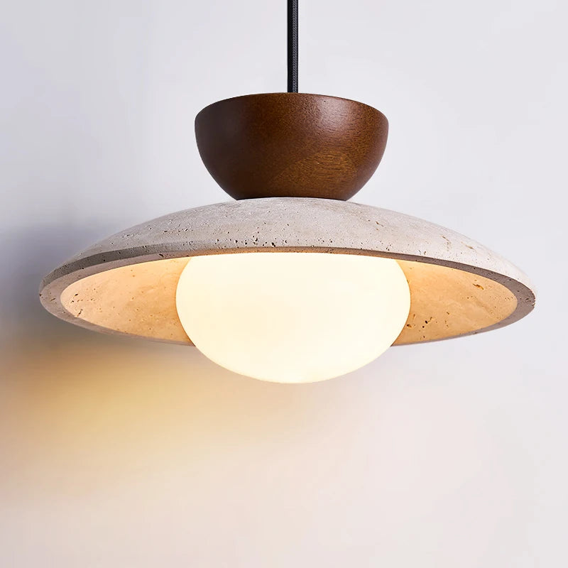 Suspension disque en travertin et bois, salle à manger, Ø 21 cm #noyer
