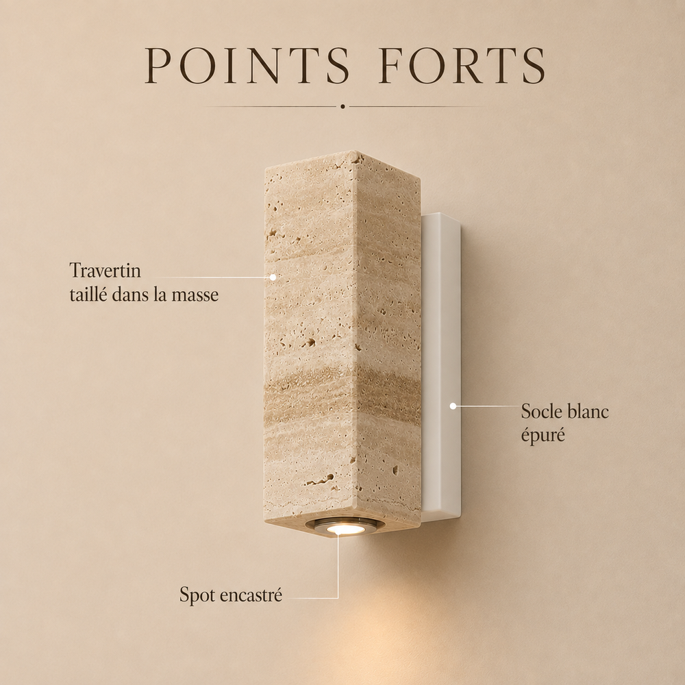 Points forts : travertin taillé dans la masse, socle blanc épuré, spot encastré #carre-socle-blanc