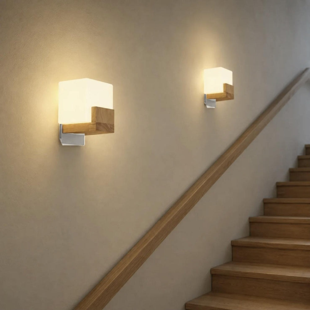 Applique murale salon en bois carrée, LED 3 températures G9 - cubo 07 montee d escalier