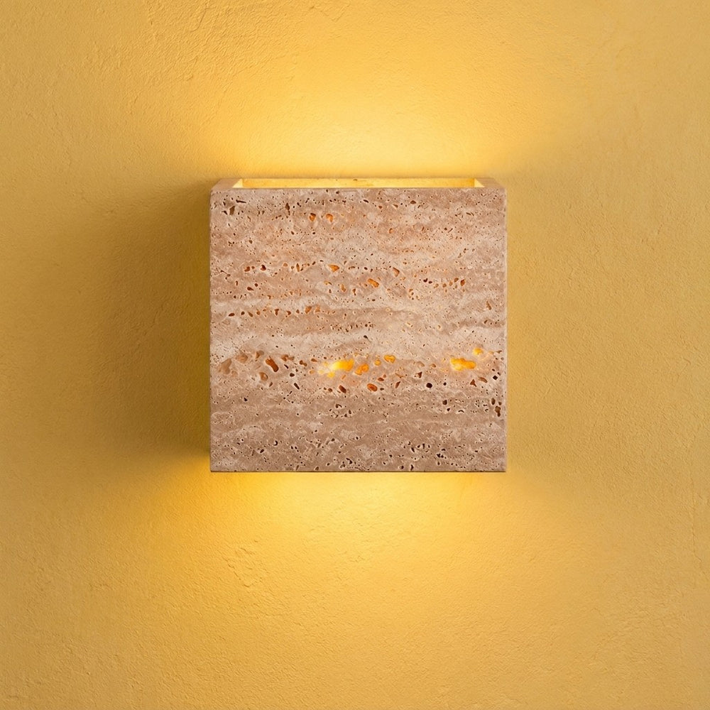 Applique murale chambre tête de lit, travertin, lumière chaude - fond jaune carre cube #12-cm