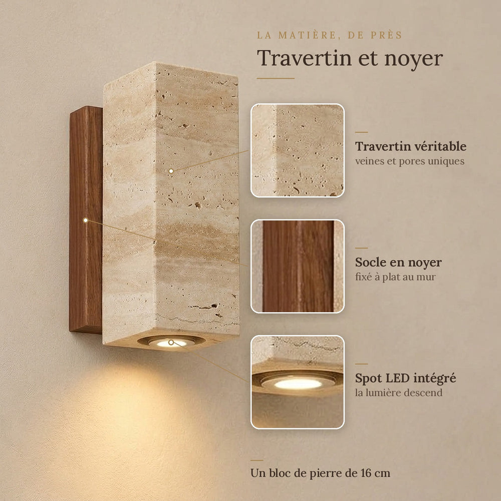 Applique murale japonaise en travertin jaune, salon - jap matiere pierre noyer v2 #carre-socle-noyer