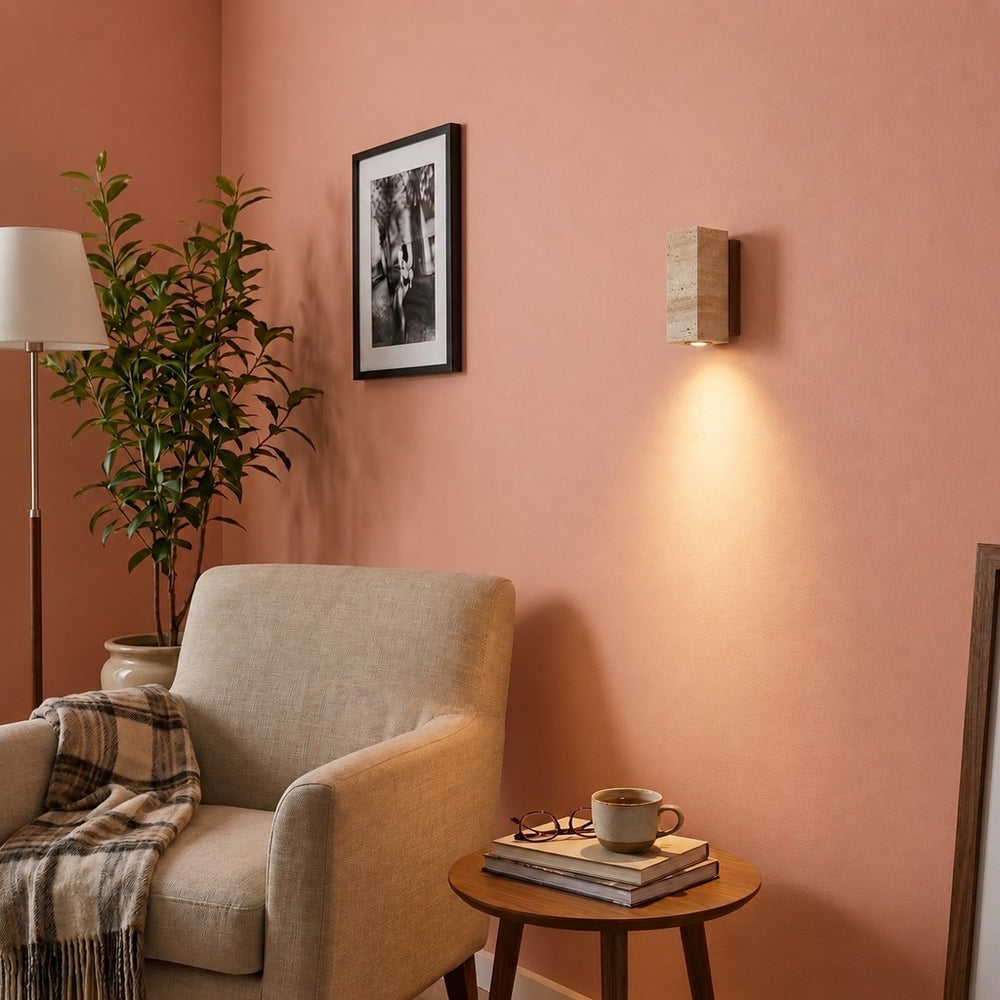 Applique murale japonaise en travertin jaune, salon - jap salon mur corail v4 #carre-socle-noyer