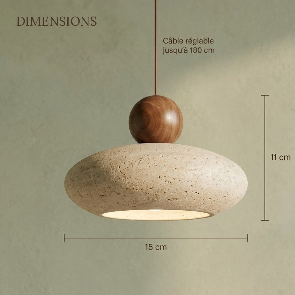 Suspension salon travertin, japonaise wabi-sabi, pierre Ø 15 cm - japonaise dimensions plein cadre