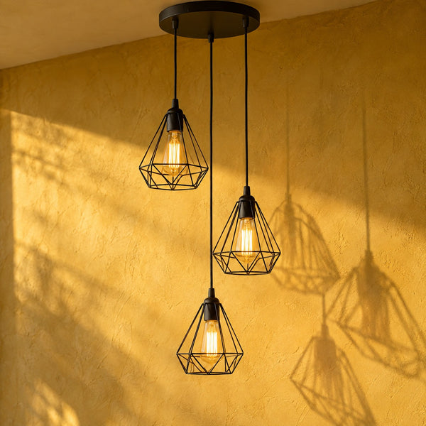 Lustre salon 3 lumières cage métal noir, style industriel