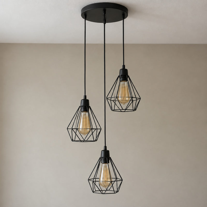 Lustre salon 3 lumières cage métal noir, style industriel - lustre cage eteint vue de face