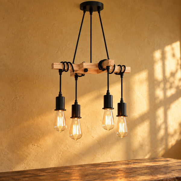 Lustre salon vintage bois et métal noir, douille E27