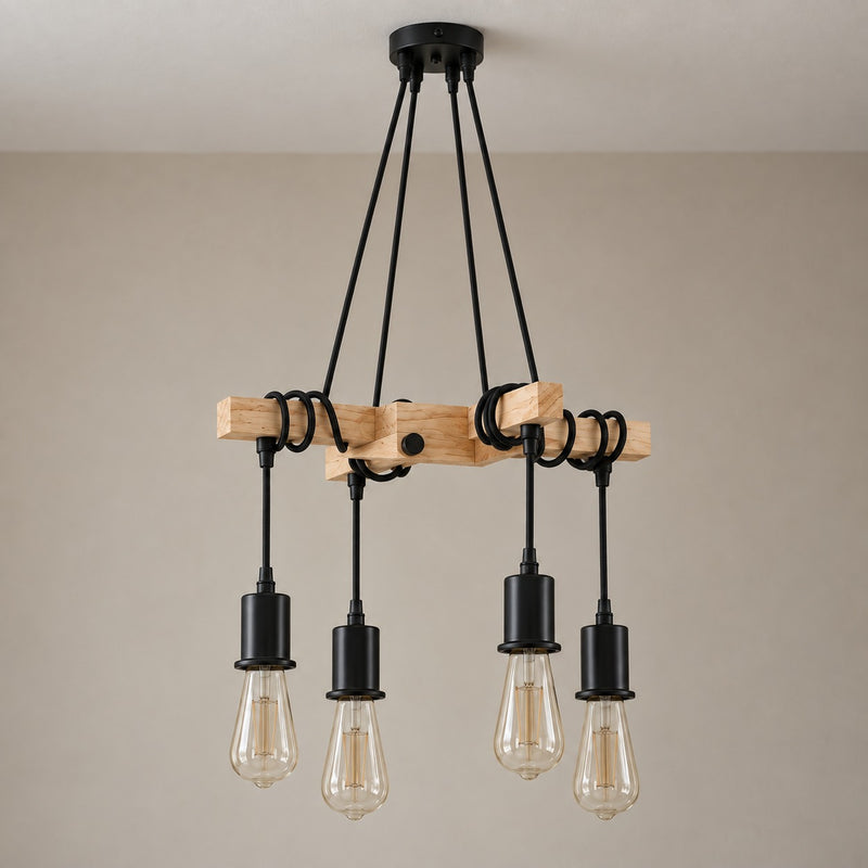 Lustre salon vintage bois et métal noir, douille E27 - lustre croix bois eteint vue de face