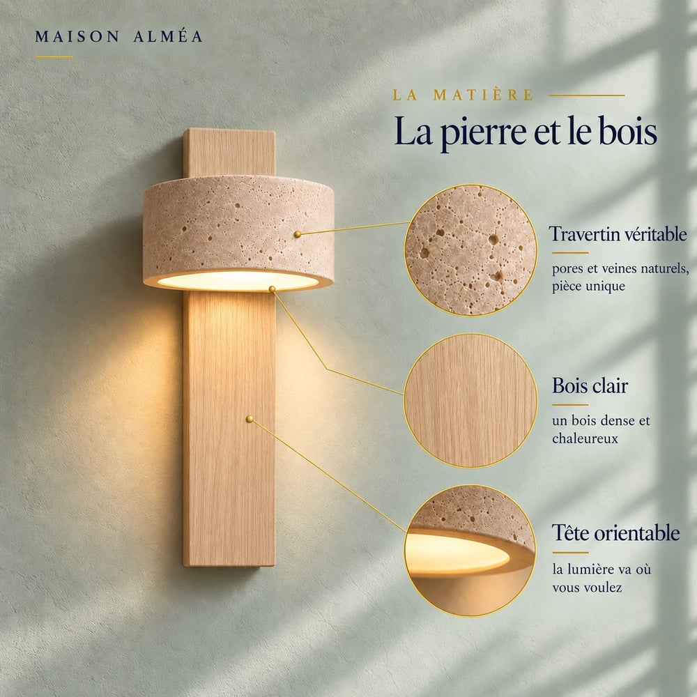 Applique murale chambre travertin et noyer, tête orientable - noa la pierre et le bois matiere #bois-clair