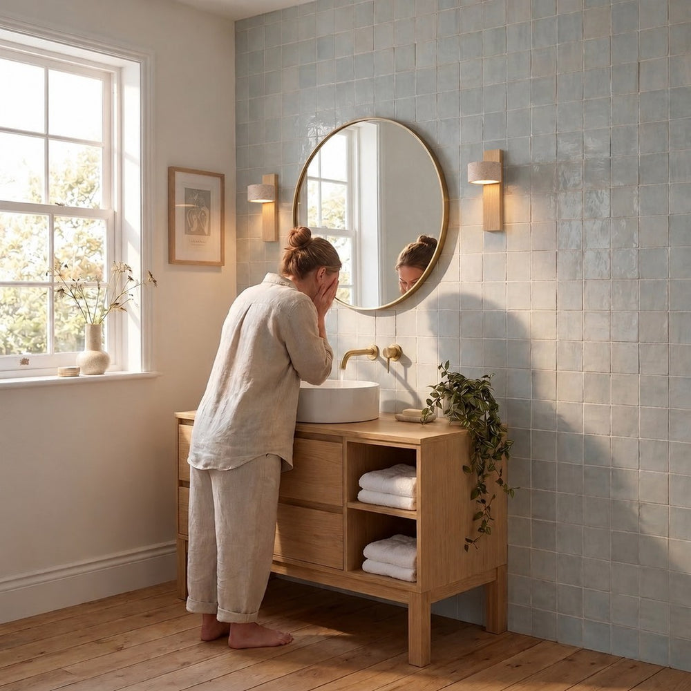 Applique murale chambre travertin et noyer, tête orientable - noa salle de bain lumineuse #bois-clair