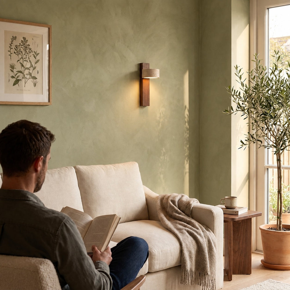 Applique murale chambre travertin et noyer, tête orientable - noa salon vert olive lecture #noyer