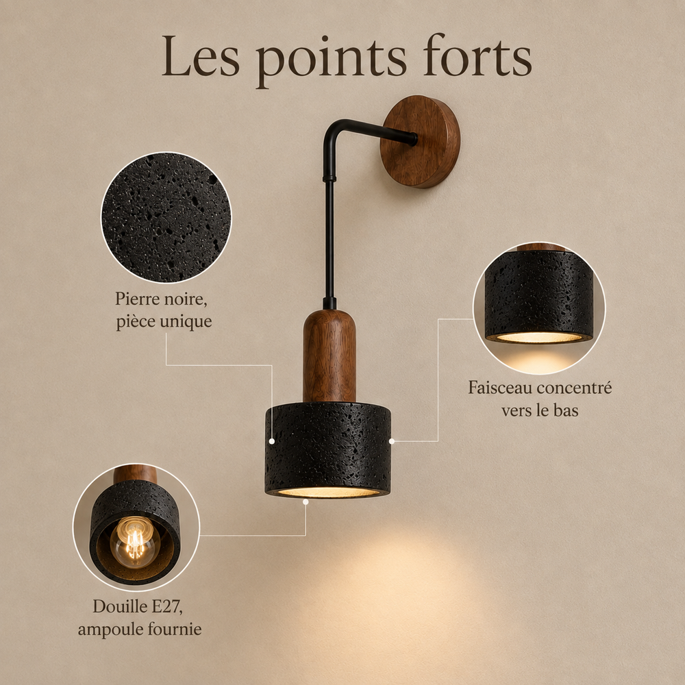 Points forts : pierre noire pièce unique, faisceau concentré vers le bas, douille E27 #pierre-noire