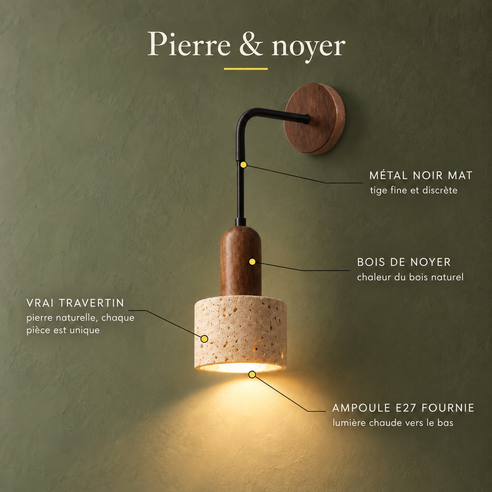 Applique murale chambre en travertin, douille E27 - onyx k infographie #travertin-beige