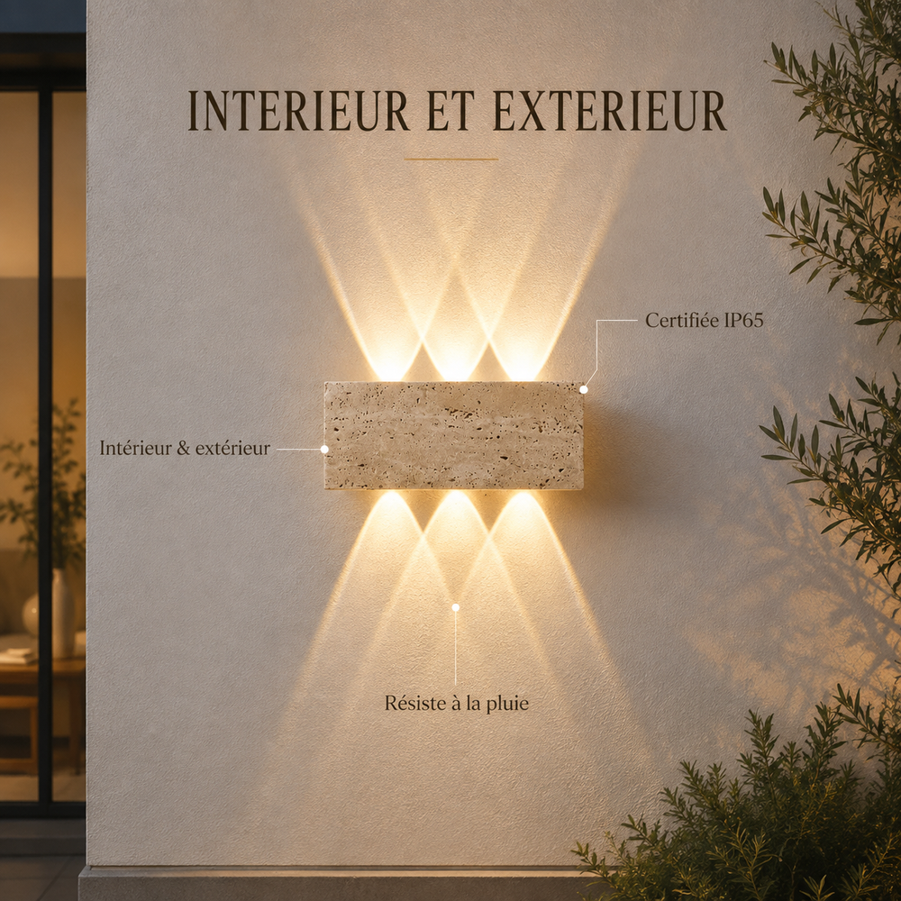 Intérieur et extérieur : applique certifiée IP65 sur une façade, résiste à la pluie