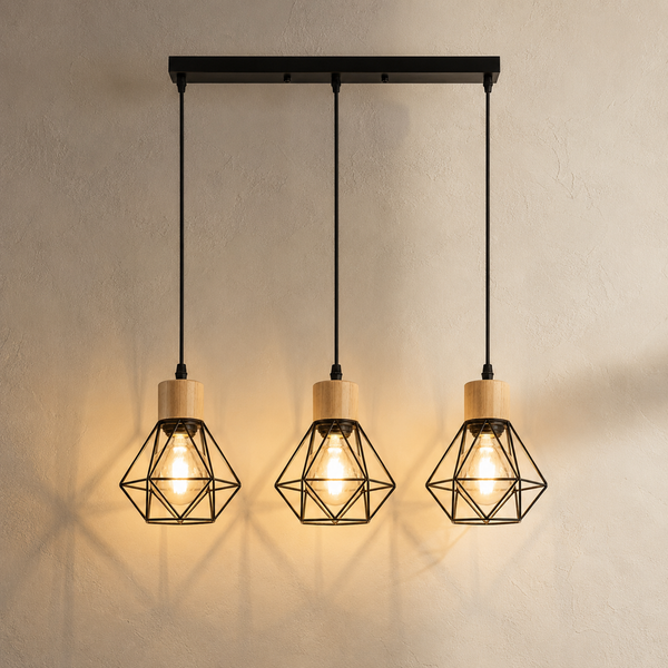 Lustre salon 3 lumières fer noir, forme diamant, douille E27