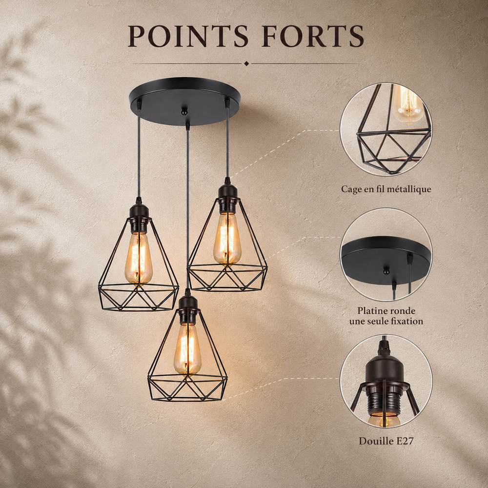 Points forts : cage en fil métallique, platine ronde une seule fixation, douille E27
