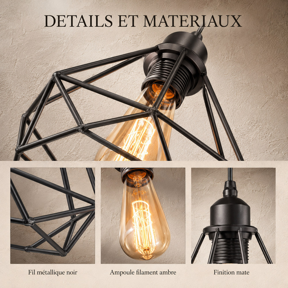 Détails et matériaux : fil métallique noir, ampoule filament ambré, finition mate