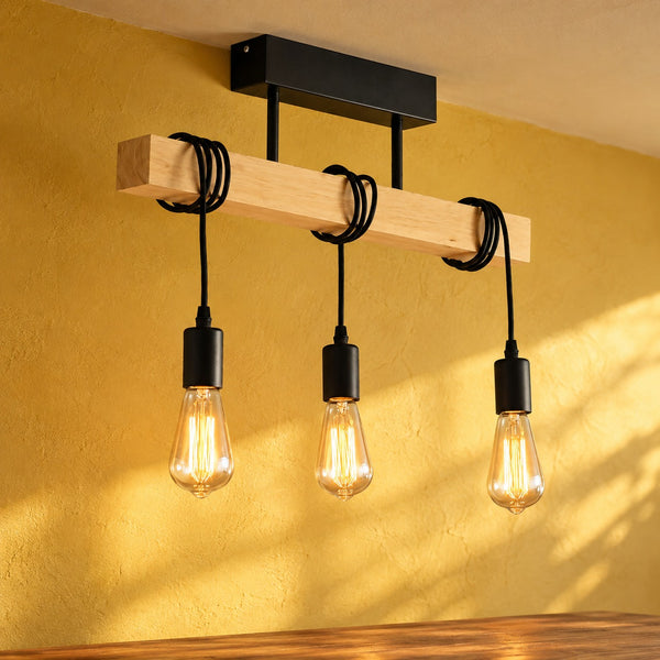 Suspension industrielle salon en bois, rectangulaire, douille E27