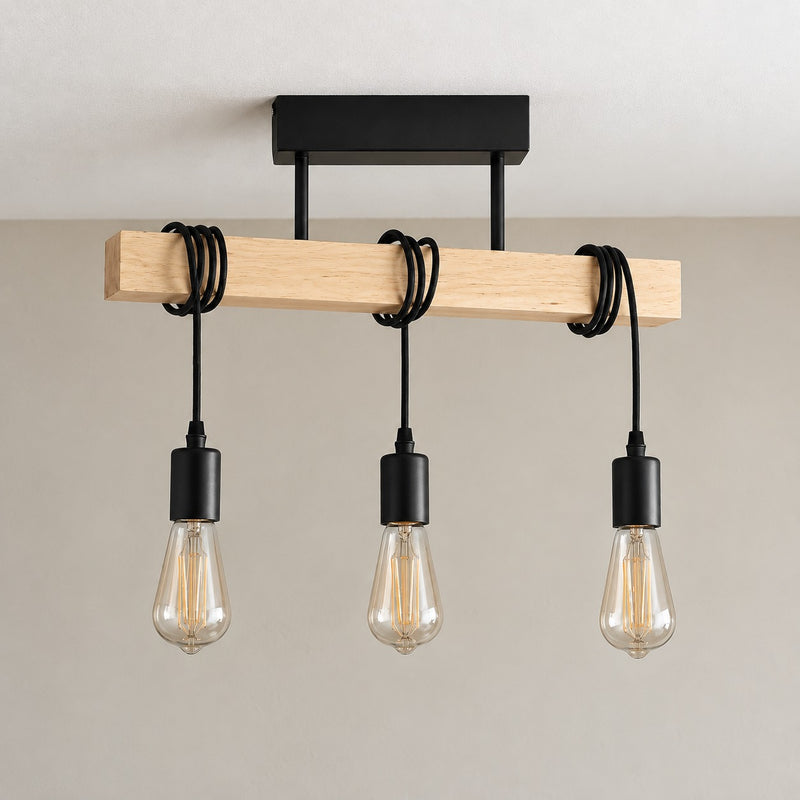 Suspension industrielle salon en bois, rectangulaire, douille E27 - suspension bois industrielle eteinte vue de face