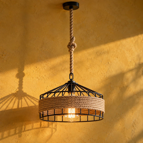 Suspension salon corde et métal noir, style industriel Ø 30 cm