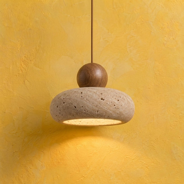 Suspension salon travertin, japonaise wabi-sabi, pierre Ø 15 cm