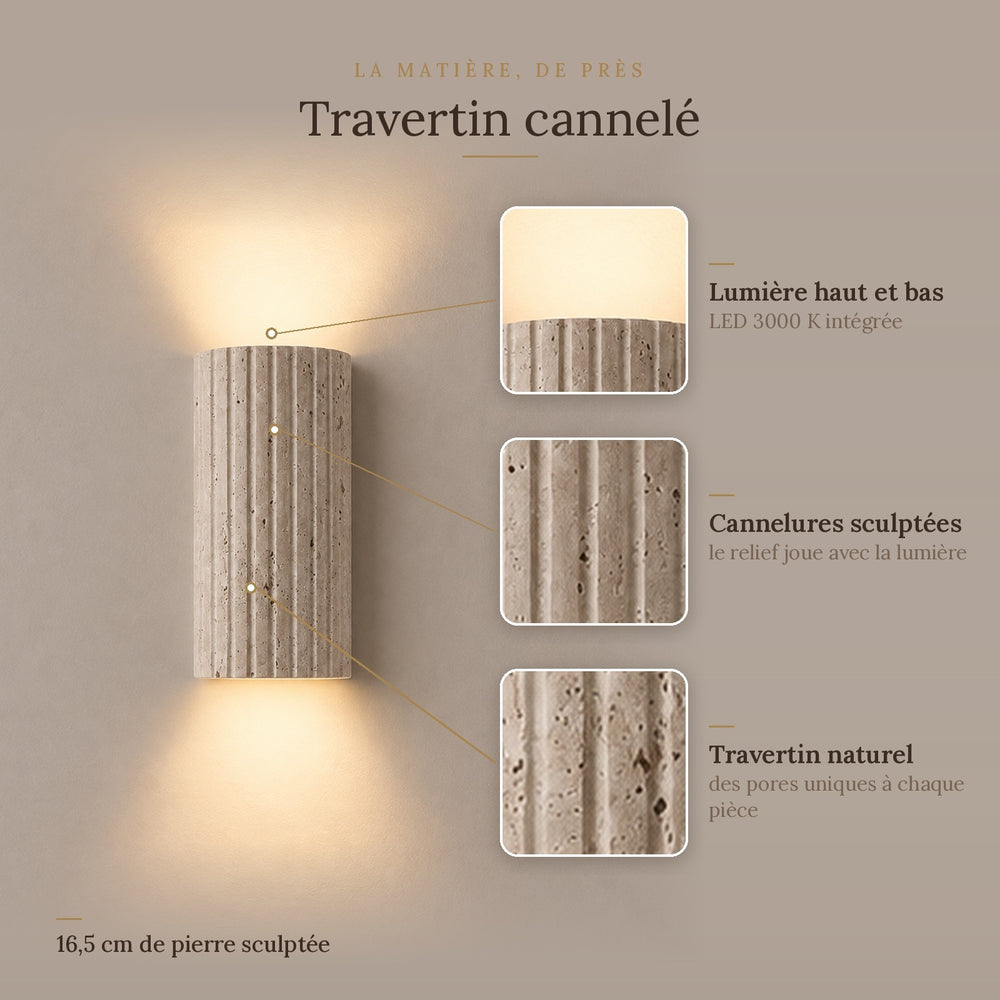 Applique murale salon en travertin 3D, LED blanc chaud - tuf matiere travertin cannele