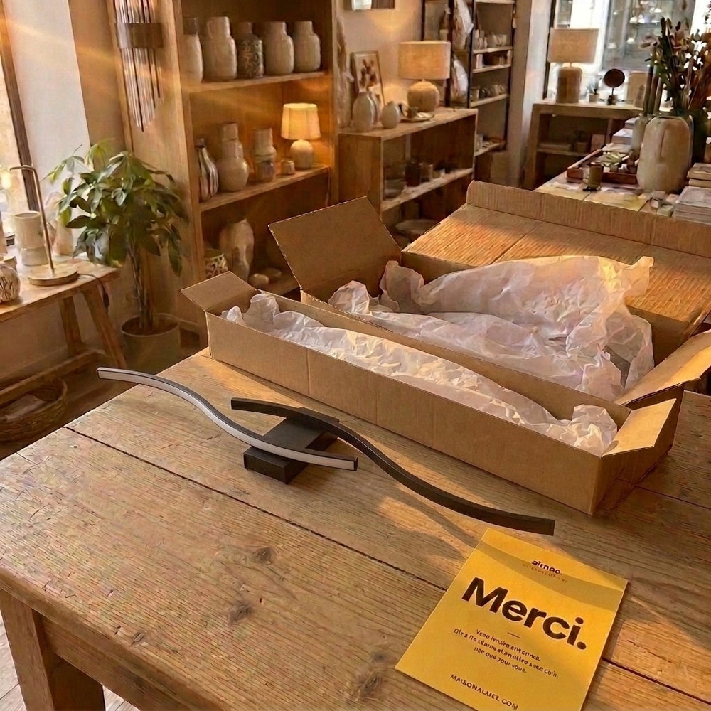 Applique vague noire de 60 cm posée sur une table de boutique, à côté de son carton et de la carte Merci #noir