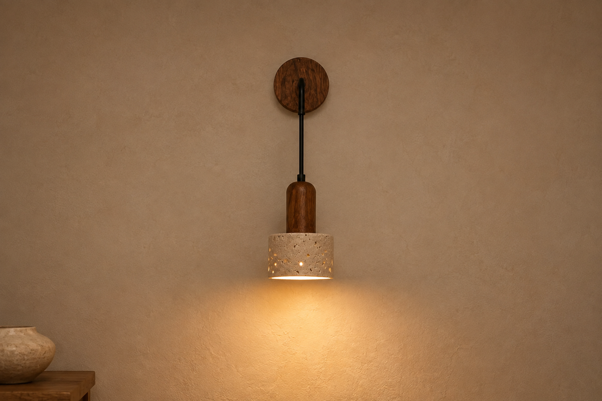 Applique rétro en pierre naturelle allumée sur un mur taupe clair, au-dessus d'un chevet en bois