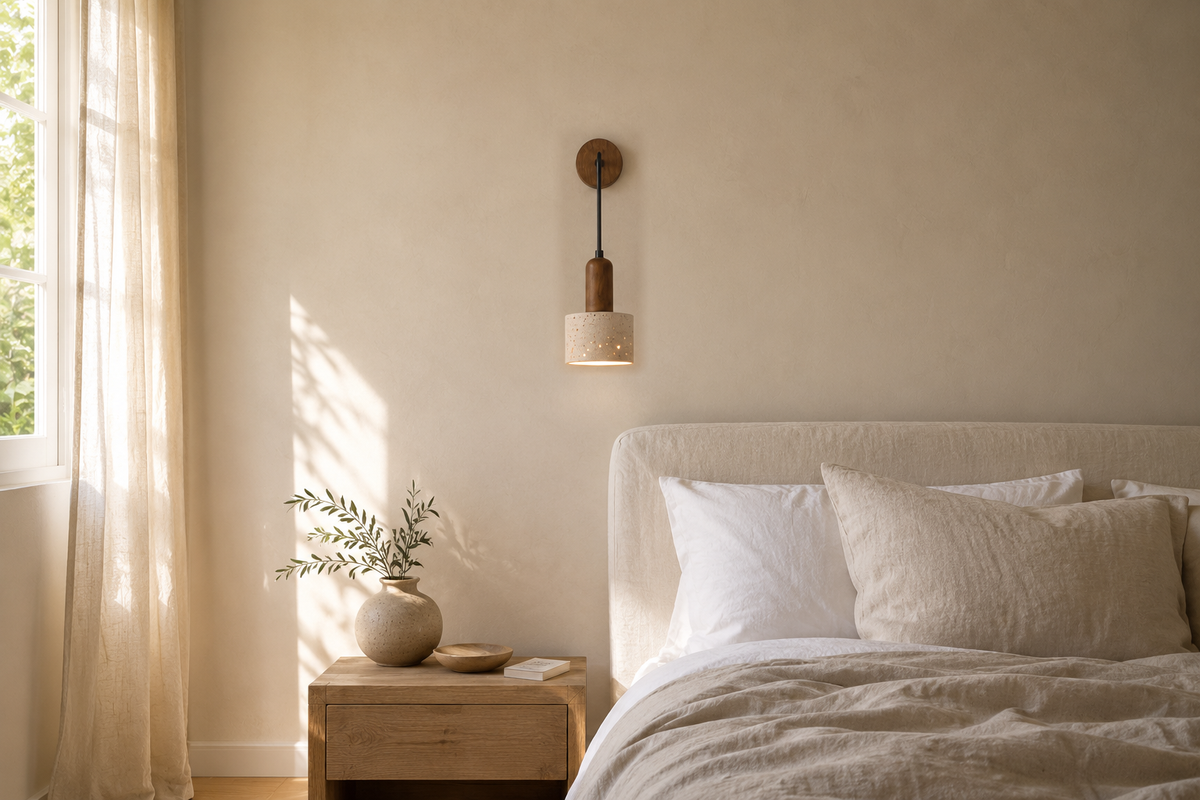 La même chambre avec l'applique rétro en pierre naturelle allumée au-dessus du chevet