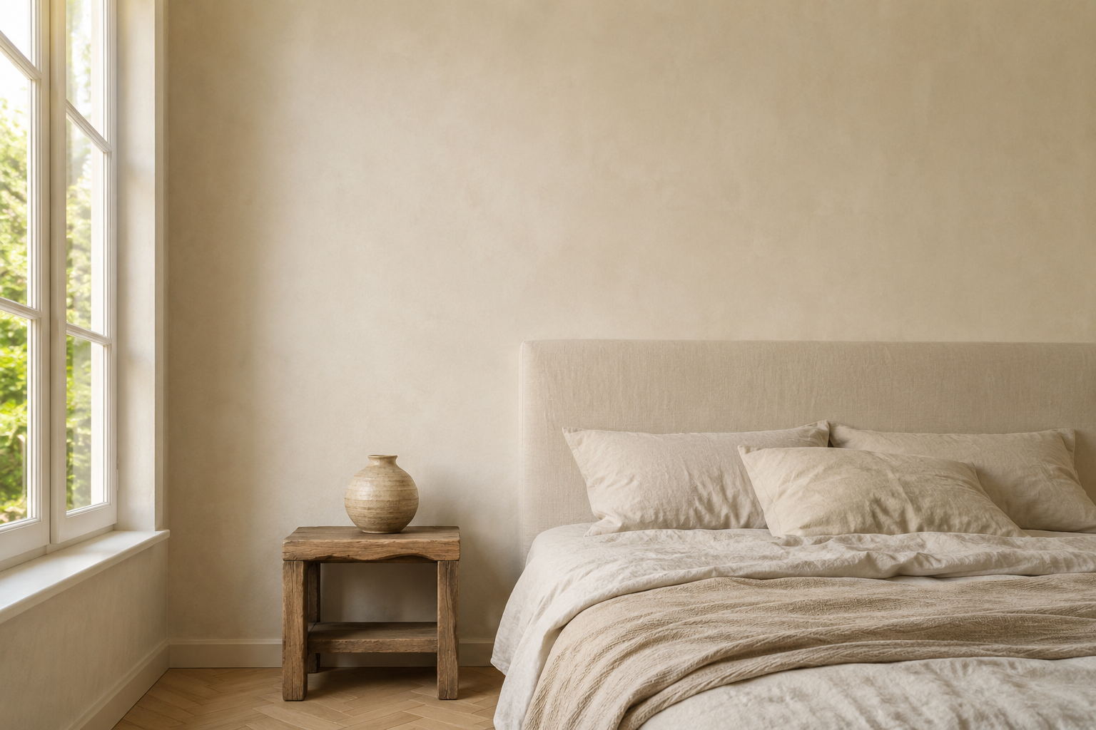 Chambre avec le mur nu au-dessus de la table de chevet