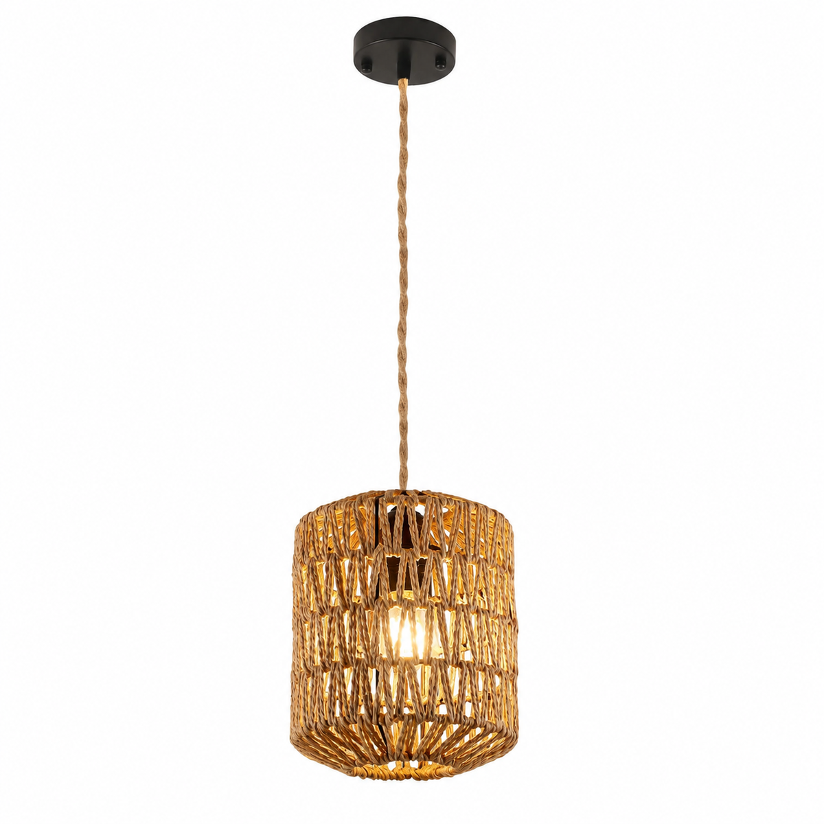 Suspension vintage à abat-jour en rotin tressé diffusant une lumière bohème