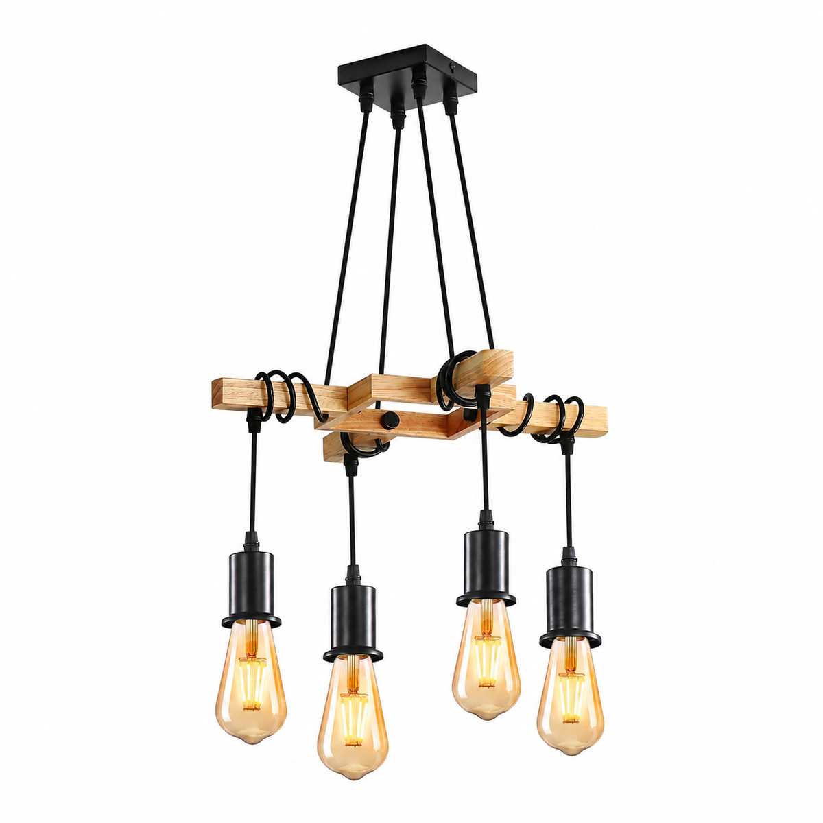 Lustre vintage en bois et métal noir suspendu dans un intérieur nature