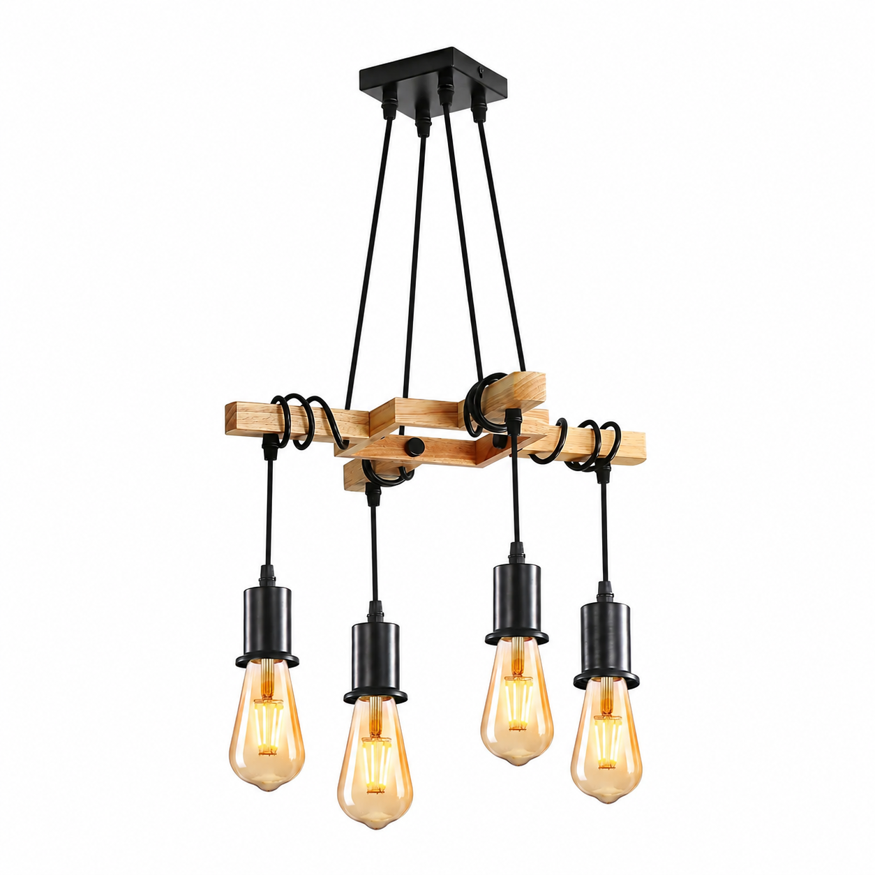 Lustre vintage en bois et métal noir suspendu dans un intérieur nature