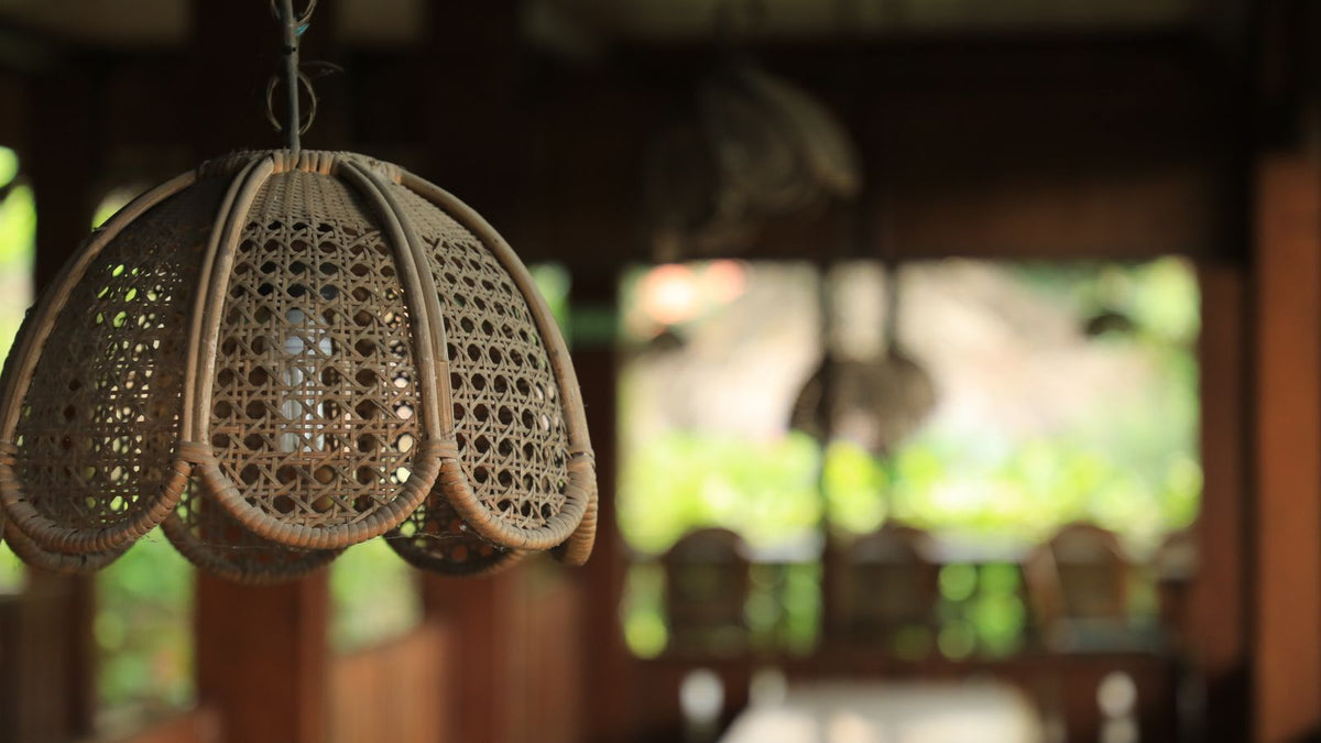 Suspension en cannage de rotin dans un intérieur lumineux