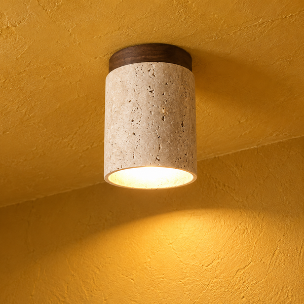 Plafonnier spot en travertin et bois, couloir et entrée, Ø 12 cm