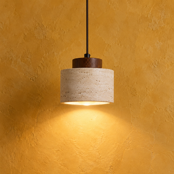 Suspension en travertin cylindrique, rosace noyer, îlot et chevet, Ø 12 cm