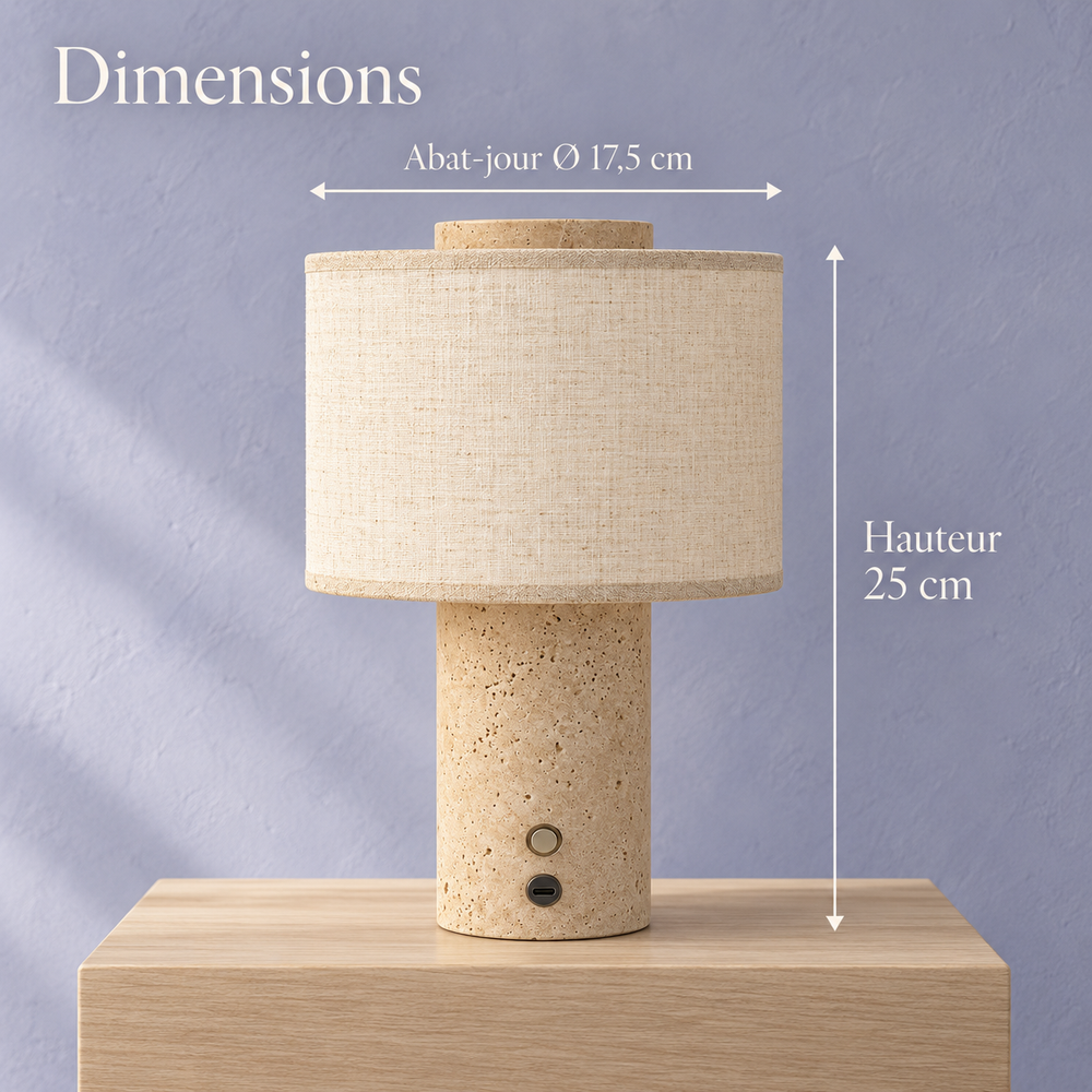 Lampe de chevet sans fil en travertin et lin