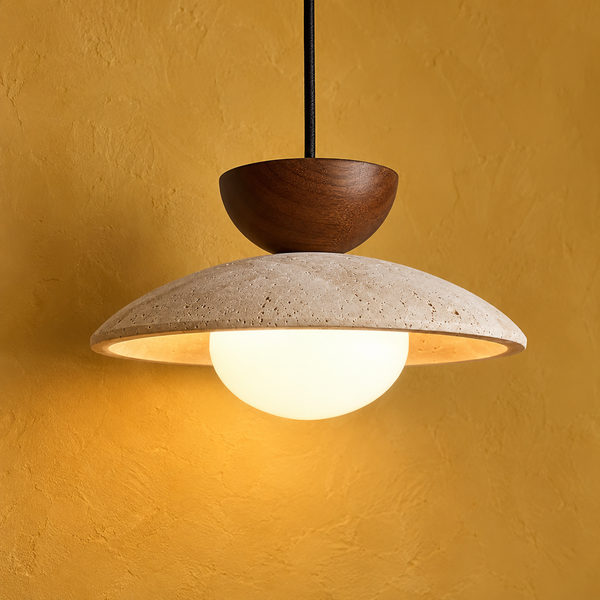 Suspension disque en travertin et bois, salle à manger, Ø 21 cm