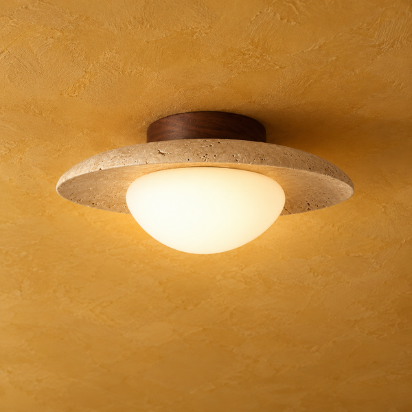 Plafonnier en travertin et bois, globe opalin, Ø 25 cm
