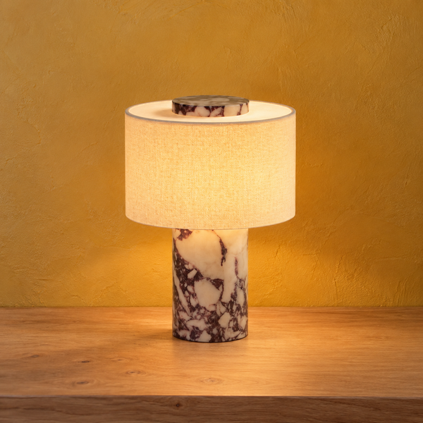 Lampe de chevet sans fil en marbre veiné et lin, rechargeable
