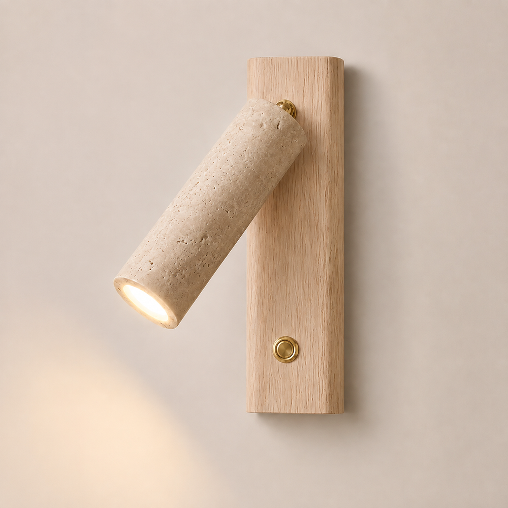 Applique travertin et bois clair, tête orientable #bois-clair