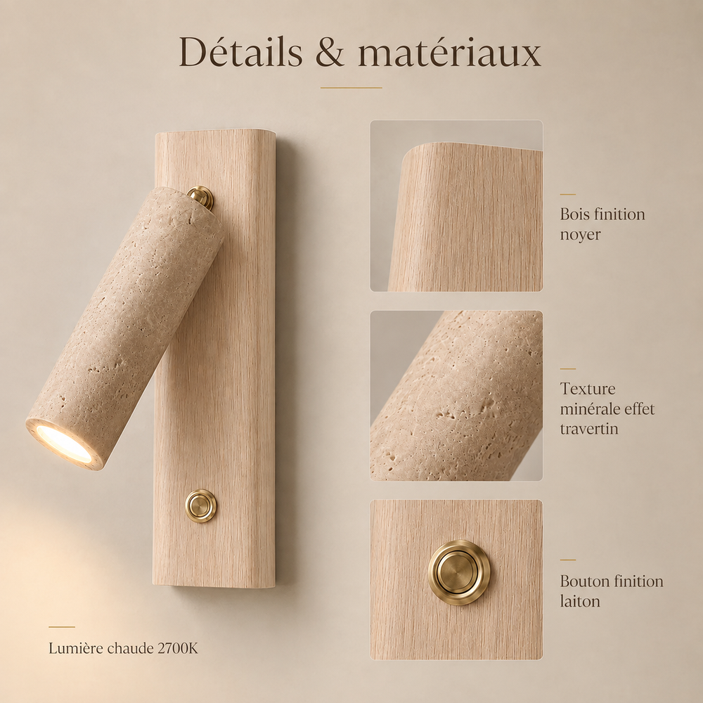 Détails et matériaux : bois clair, texture travertin, bouton laiton #bois-clair