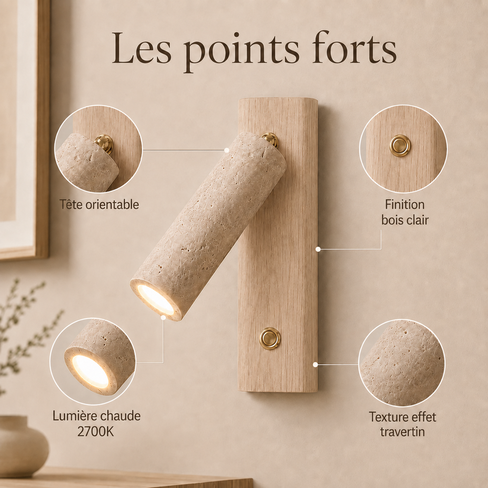 Les points forts : tête orientable, finition bois clair, lumière chaude 2700K #bois-clair