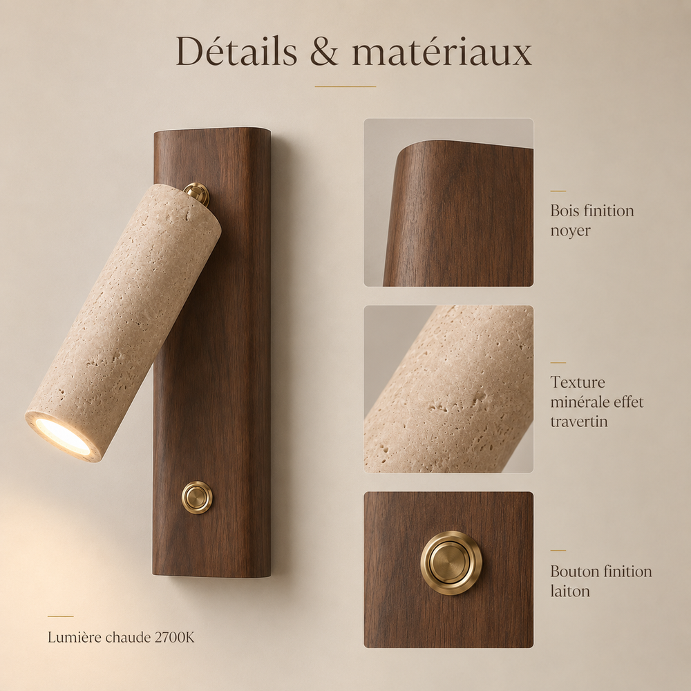 Détails et matériaux : bois noyer, texture travertin, bouton laiton #noyer