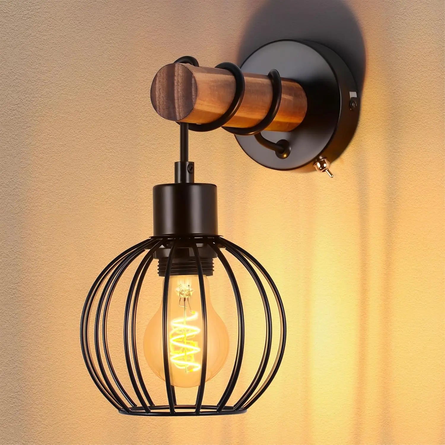 Applique murale en bois style vintage avec interrupteur industriel
