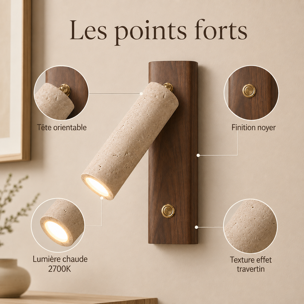 Les points forts : tête orientable, finition noyer, lumière chaude 2700K #noyer